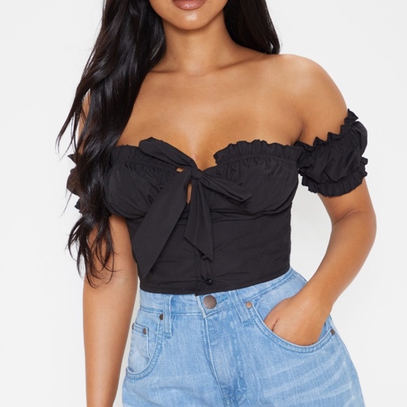 PrettyLittleThing Tops - PLT Petite Black Frill Detail Crop Blouse